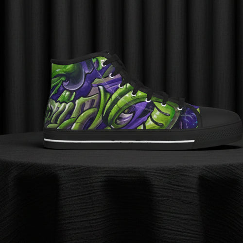 High-top sneaker with green and purple abstract design on a white background