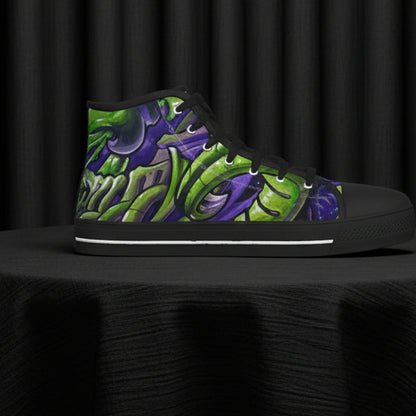 High-top sneaker with green and purple abstract design on a white background