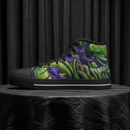 Black high-top sneaker with green and purple abstract design on a white background