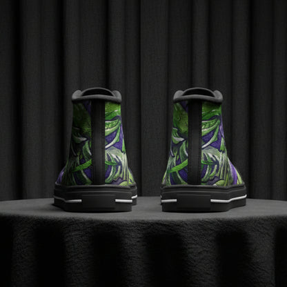 Pair of high-top sneakers with green leaf pattern on a white background