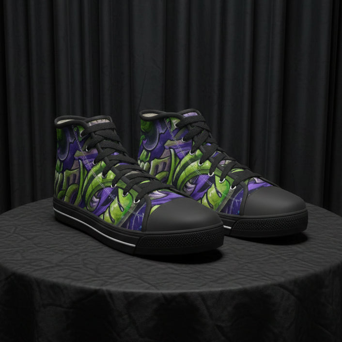 Black high-top sneakers with green and purple abstract pattern on a white background