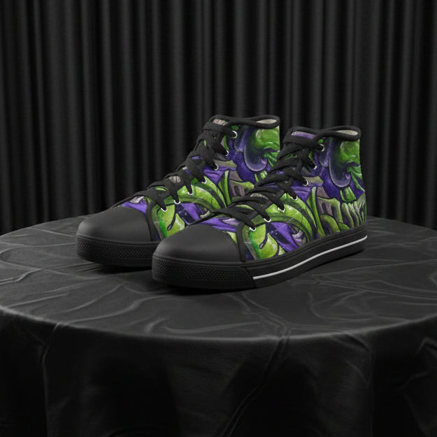 Black high-top sneakers with green and purple floral pattern on a white background