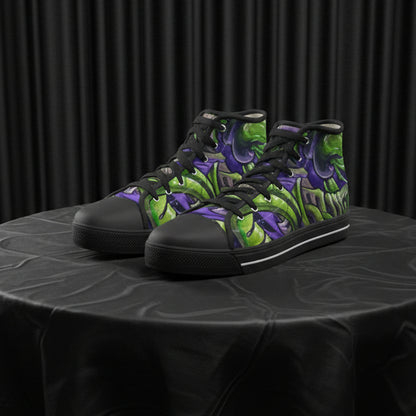 Black high-top sneakers with green and purple floral pattern on a white background