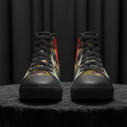Colorful high-top sneakers with a black sole on a white background