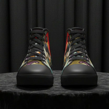 Colorful high-top sneakers with a black sole on a white background