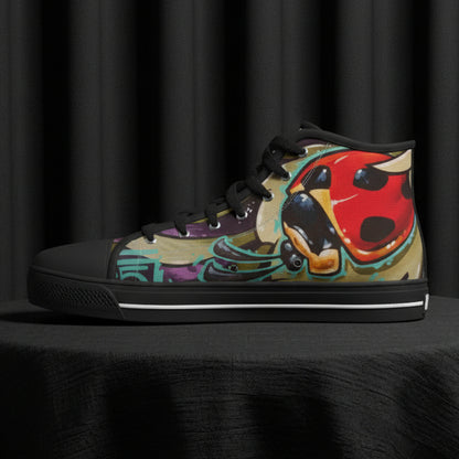Colorful high-top sneaker with abstract design on a white background
