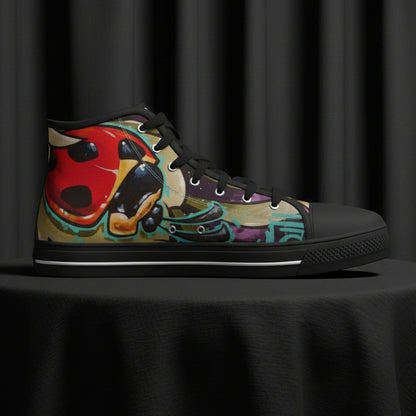 Colorful high-top sneaker with abstract design on a white background