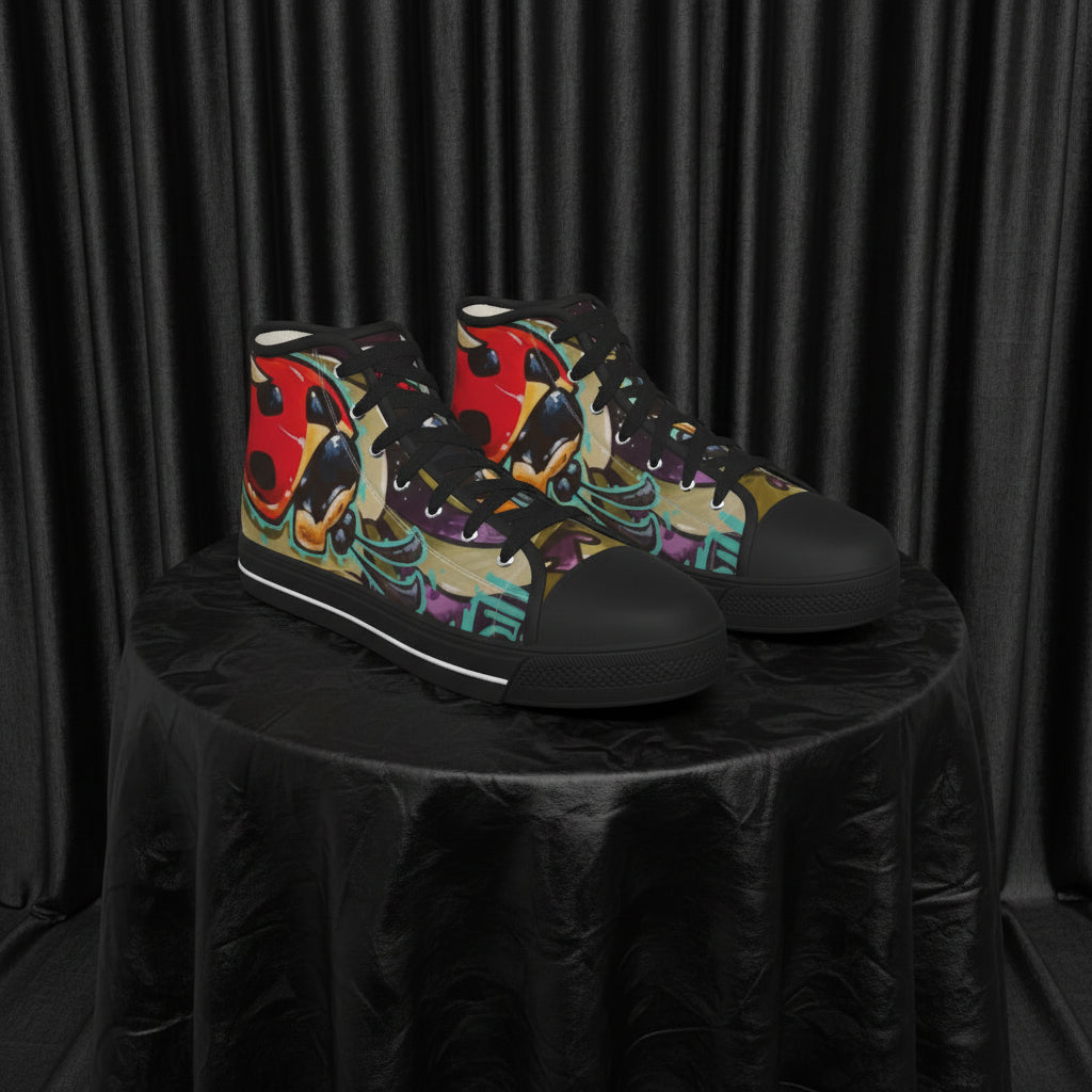 Colorful high-top sneakers with abstract design on a white background