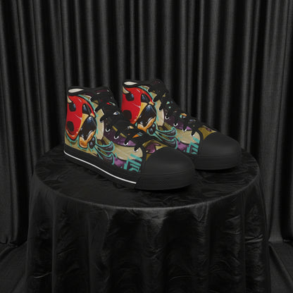 Colorful high-top sneakers with abstract design on a white background
