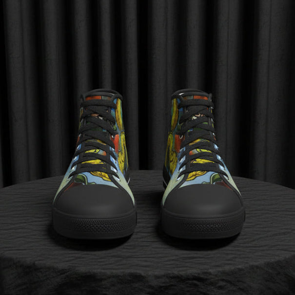 Colorful high-top sneakers with a pattern on a white background