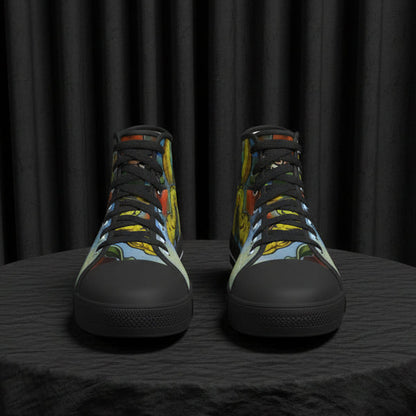 Colorful high-top sneakers with a pattern on a white background