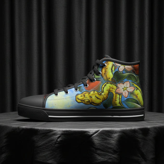 Black high-top sneaker with colorful snake and floral design on a white background