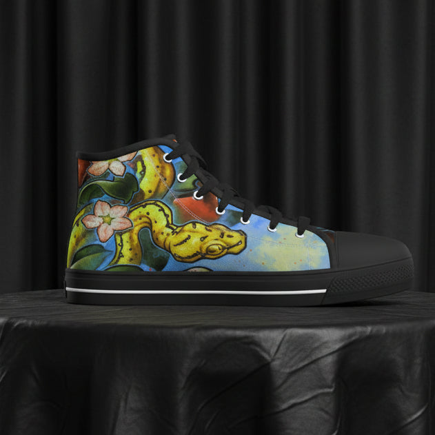 Colorful high-top sneaker with snake design on a white background
