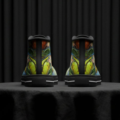High-top sneakers with a colorful fruit pattern on a white background