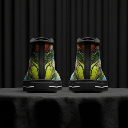 High-top sneakers with a colorful fruit pattern on a white background