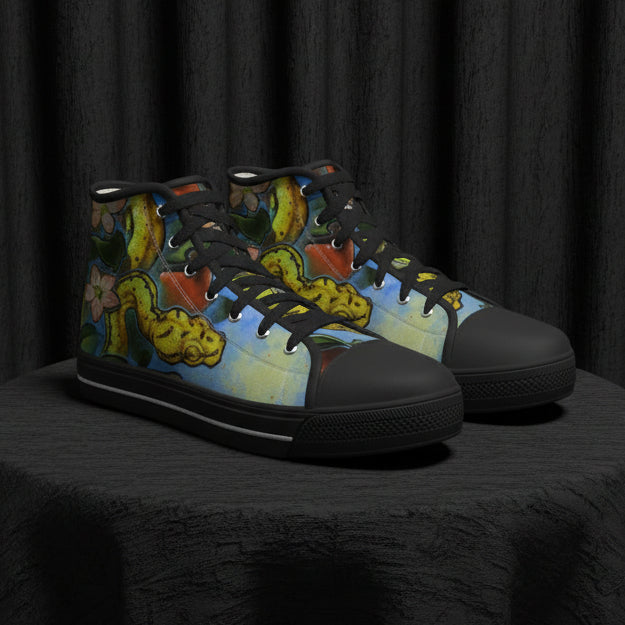 Black high-top sneakers with colorful abstract design on a white background