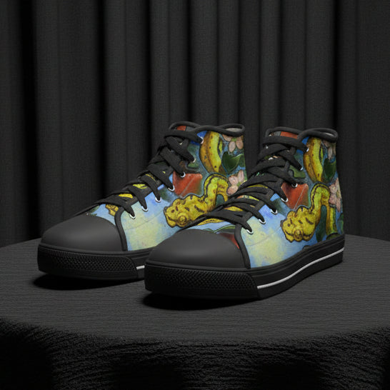 Colorful high-top sneakers with snake design on a white background