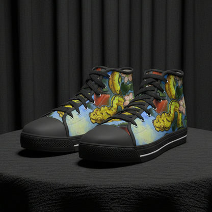 Colorful high-top sneakers with snake design on a white background