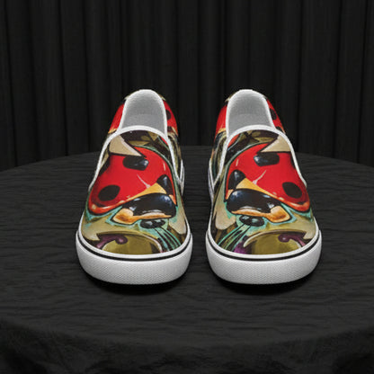 Colorful slip-on shoes with a vibrant design on a white background