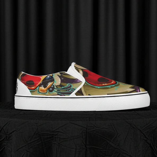 Colorful slip-on sneaker with abstract design on a white background