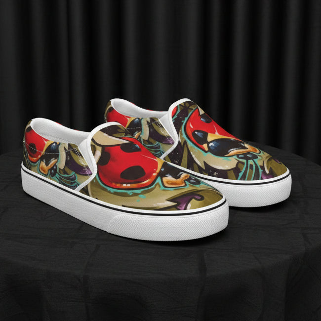 Colorful slip-on shoes with a unique design on a white background