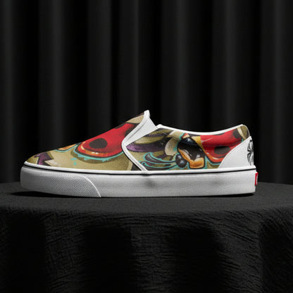 Colorful slip-on shoe with abstract design on a white background