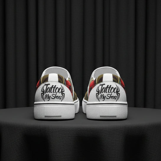 White sneakers with tattoo design and 'Tattoo My Shoes' text on a white background