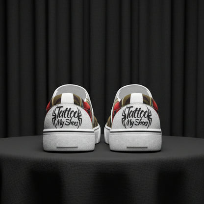 White sneakers with tattoo design and 'Tattoo My Shoes' text on a white background