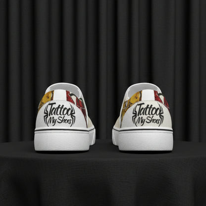 White sneakers with colorful designs and text on a white background