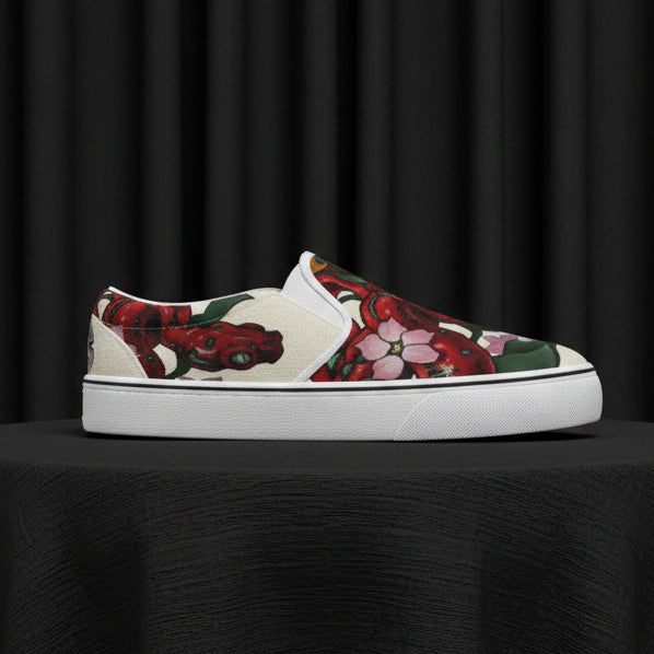 Floral-patterned slip-on shoe on a white background