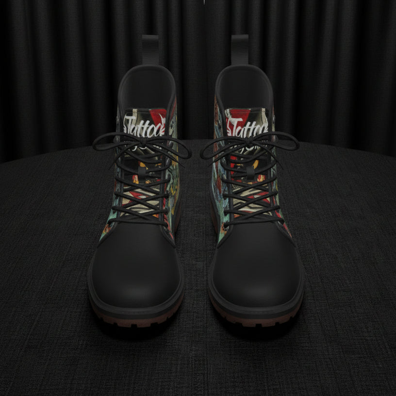 Pair of black boots with colorful patterned accents on a white background