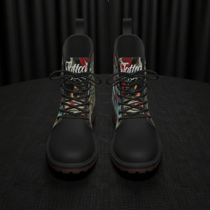 Pair of black boots with colorful patterned accents on a white background
