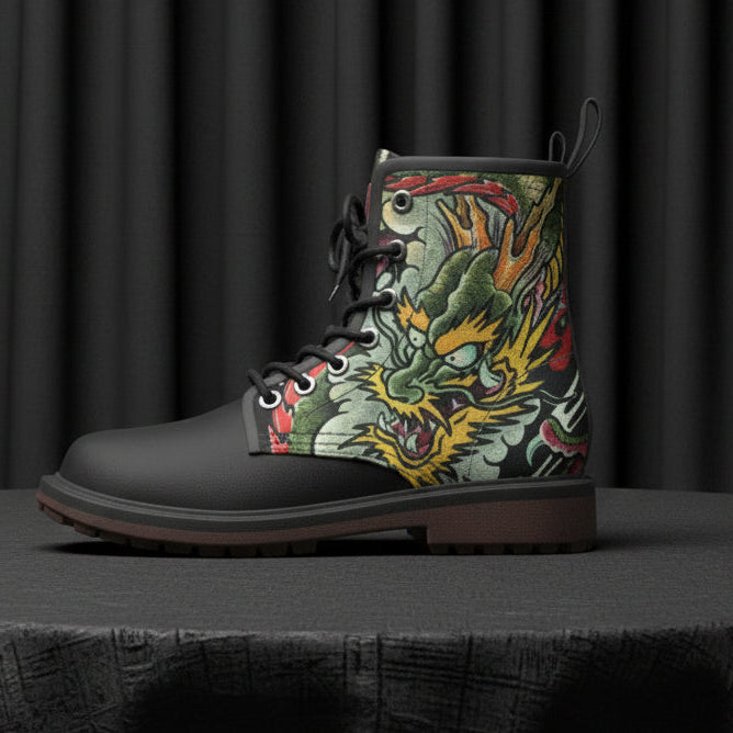 Black boot with colorful dragon design on a white background