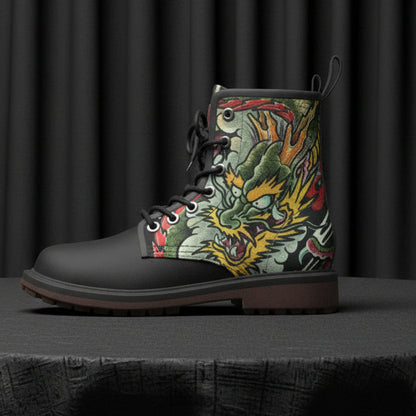 Black boot with colorful dragon design on a white background