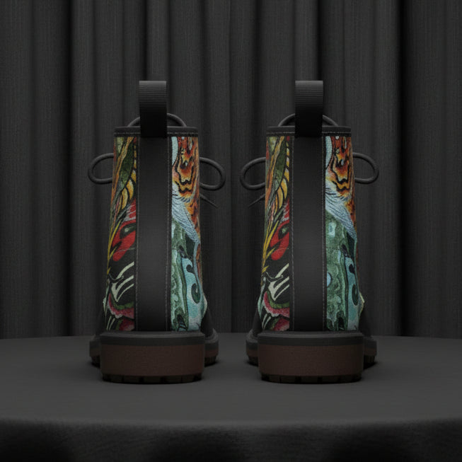 Pair of boots with colorful patterned sides on a white background