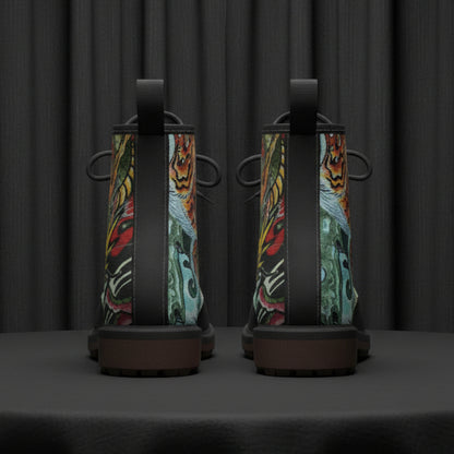 Pair of boots with colorful patterned sides on a white background