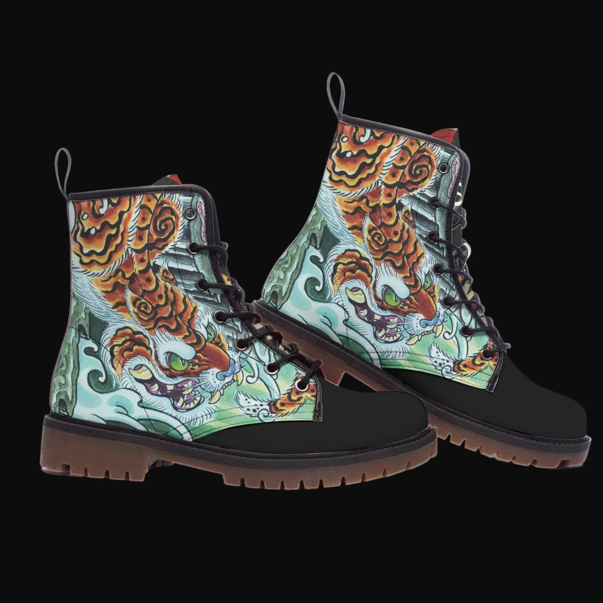 Colorful tiger-patterned boots on a white background