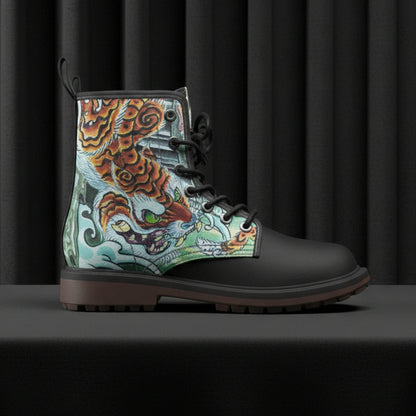 Black boot with colorful tiger design on a white background